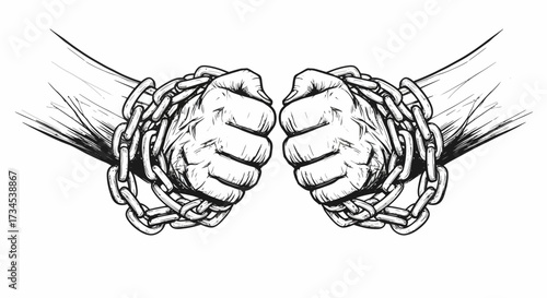 Two clenched fists bound by chains, symbolizing imprisonment, oppression, and struggle for freedom.