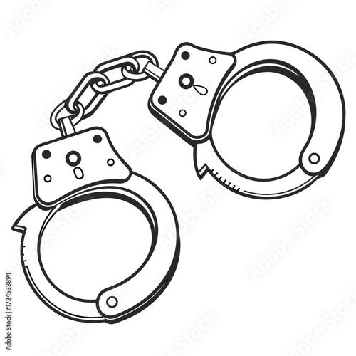 Black and white illustration of a pair of metal handcuffs with a chain