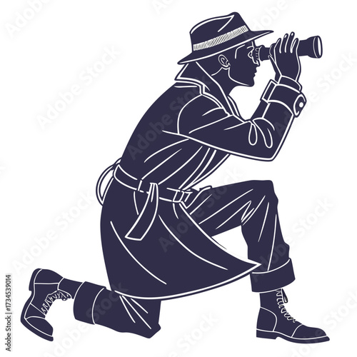 Detective in trench coat and hat looking through binoculars while kneeling