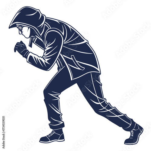 Mysterious hooded figure in a stealthy crouch ready for action