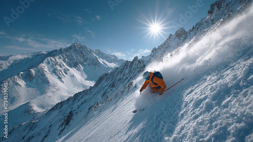 A skier descends a snowy mountain slope, creating a cloud of snow