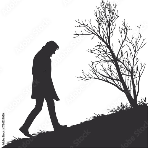 Silhouette of a man walking uphill next to a bare tree