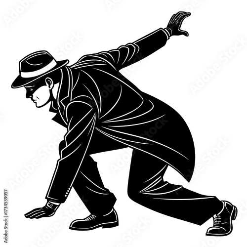 Detective in a trench coat and fedora in a stealthy crouch