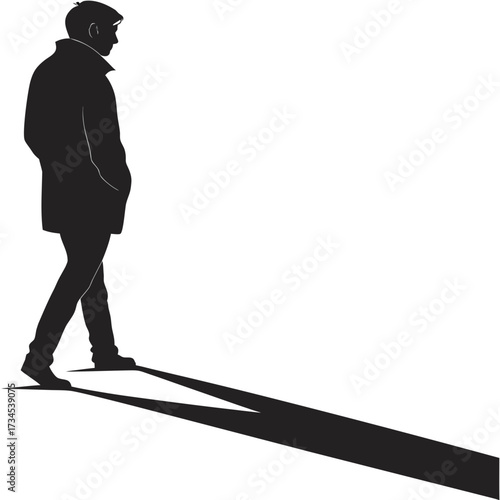Silhouette of a man walking with his hands in his pockets and a long shadow