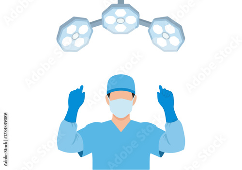 Surgeon in scrubs preparing for operation under surgical lights, medical professional illustration