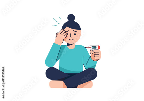 Sick woman checking temperature with thermometer, feeling unwell, health concept, vector illustration