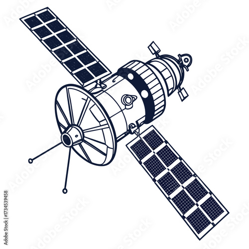Detailed illustration of a satellite with solar panels against a white background