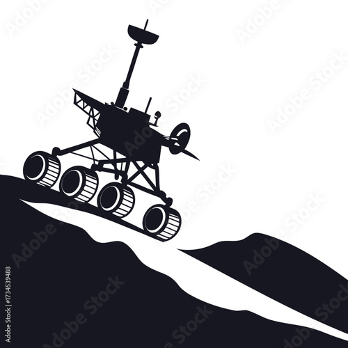 Silhouette of a mars rover exploring a rocky alien planet surface
