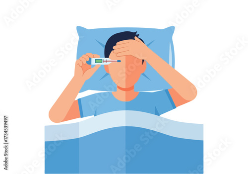 Sick Child in Bed with Fever Holding Thermometer - Healthcare Illustration for Medical Concepts
