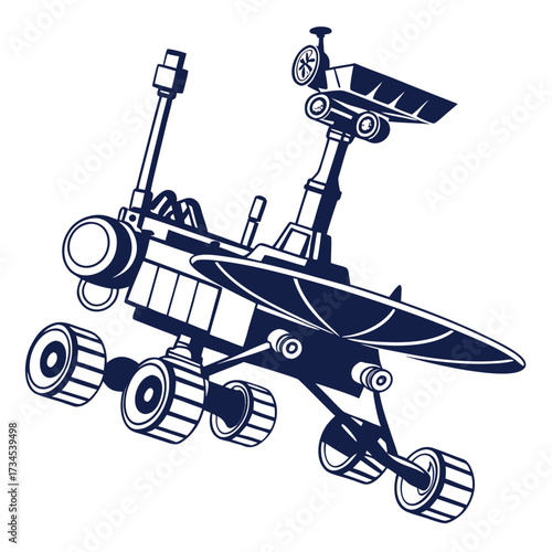Stylized illustration of a mars rover with six wheels and solar panels