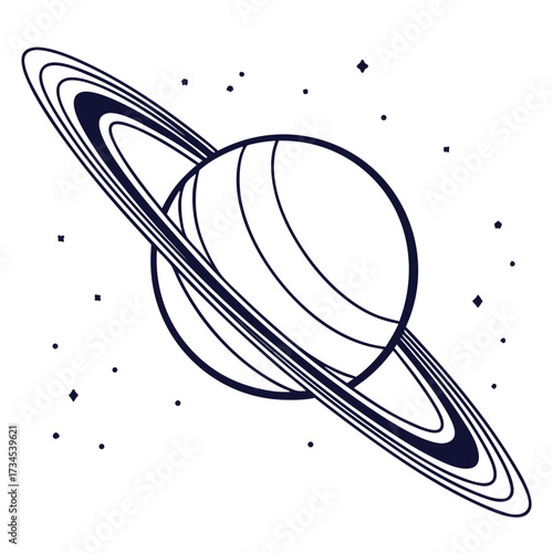 Stylized illustration of saturn with rings and stars in dark blue