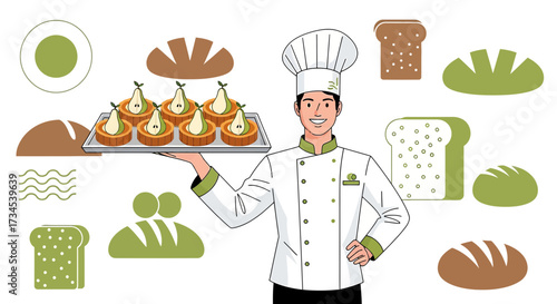 A cheerful chef presenting pear tarts amidst a whimsical bread design arrangement