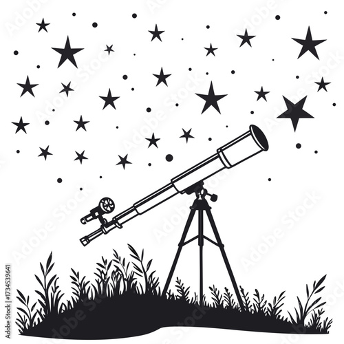 Telescope observing the starry night sky from a grassy hill