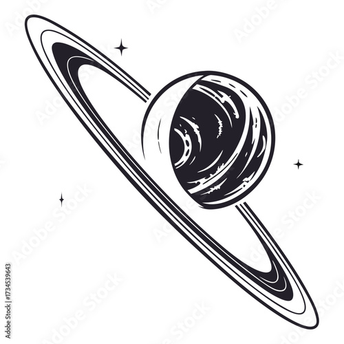 Stylized planet with rings and stars in black and white
