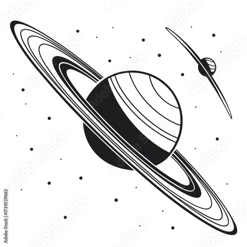 Stylized saturn planet with rings and a moon in outer space