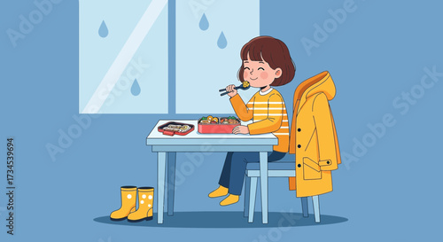A cheerful girl enjoys lunch indoors on a rainy day creating a cozy and comforting scene