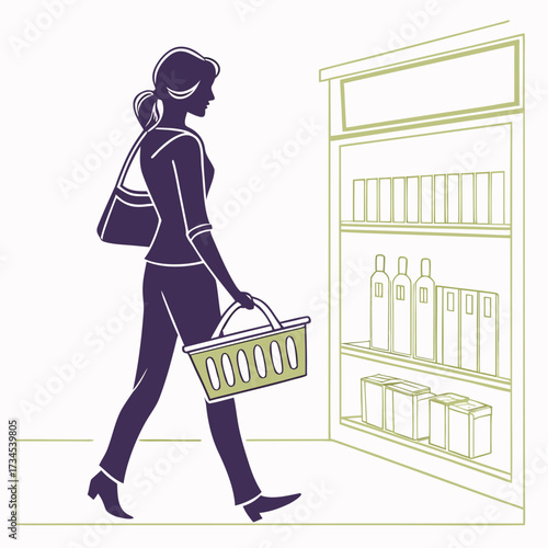 Woman with shopping basket walks past store shelves with products