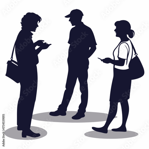 Three silhouettes of people talking and using phones
