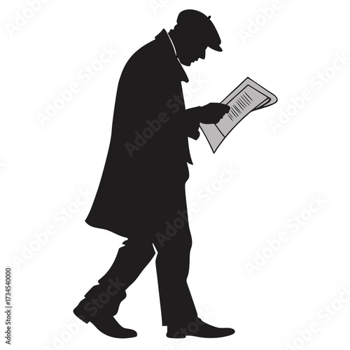Silhouette of a man in a cap and trench coat reading a newspaper