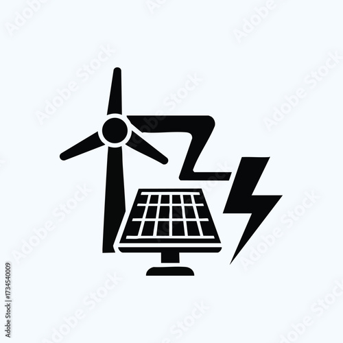 Wind turbine, solar panel, and lightning bolt symbolizing renewable energy sources and sustainable power generation