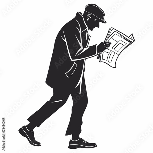 Silhouette of a man in a cap and coat reading a newspaper