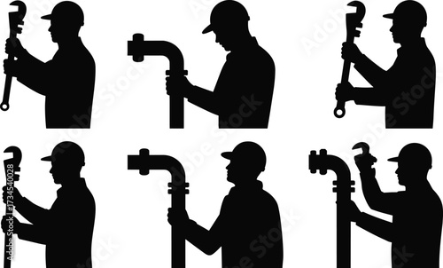 Silhouettes of construction workers with wrenches installing and repairing pipes, plumbing work, utility maintenance, industrial installation, construction tools and repair illustration