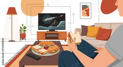 A person enjoying a relaxing evening at home watching television and eating sandwiches