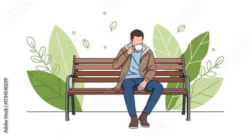 A man enjoys a cup of coffee in the park on a bench surrounded by leaves and nature