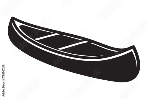Simple black silhouette drawing of a classic canoe on a white background