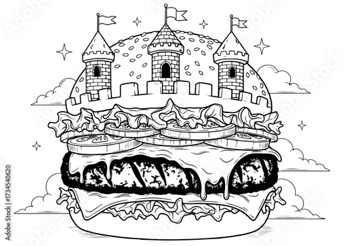 A fantasy castle made of a giant hamburger. Creative black and white line art illustration, perfect for a coloring book, menu design, or t-shirt print.

