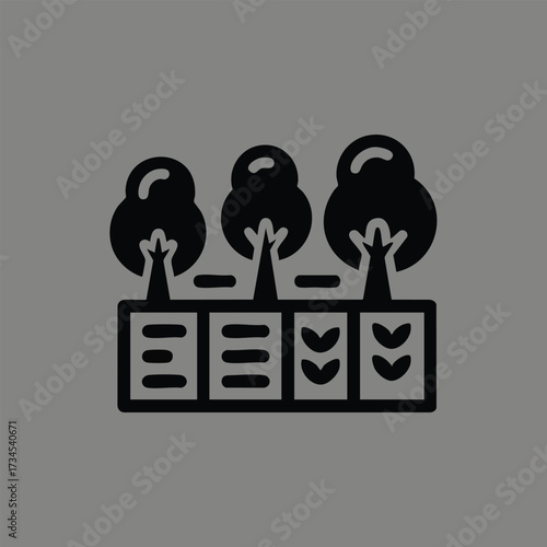 Minimalist of a grocery store checkout counter with three baskets and produce symbols on a gray