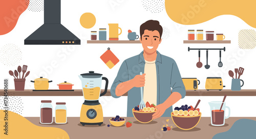 A young man prepares a healthy breakfast smoothie in a bright and cheerful kitchen with modern