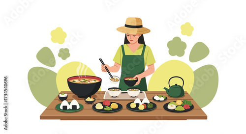 A woman serving miso soup and traditional japanese dishes in a cozy restaurant setting beautifully