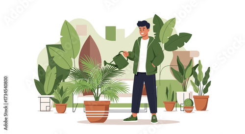 A Young Man Taking Care of his Potted Plants with Watering Can in a Cozy Home Garden Scene