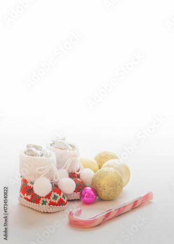 Christmas ornaments on a white background with copy space.