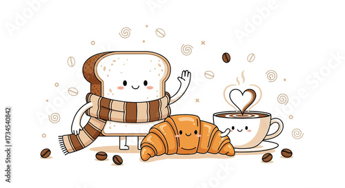 Adorable breakfast cartoon featuring bread, croissant and coffee with kawaii faces cute illustration