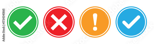 Unique Checkmark, cross, and warning icon with circle. Green checkmark and red cross circle icons for approval and rejection concepts in digital interfaces, mobile apps, confirmation buttons.