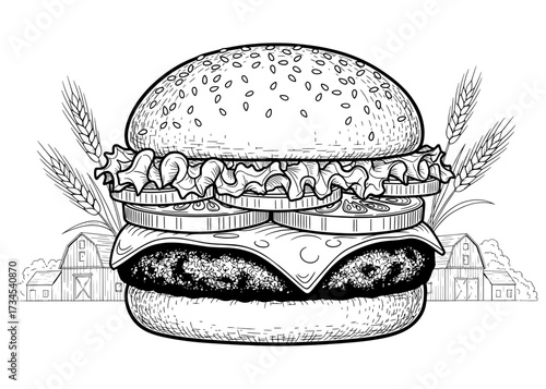 Farm-fresh burger concept. Detailed hand-drawn cheeseburger with a farm and wheat in the background. Black and white line art for a coloring book or menu.

