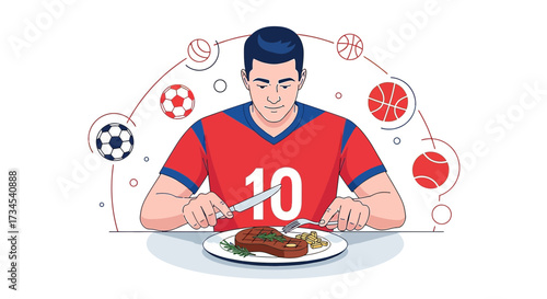 An athlete with a healthy diet for optimal performance, featuring vibrant illustrations and