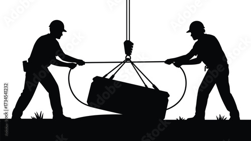 Silhouettes of construction workers guiding heavy load with ropes during crane lifting, safety teamwork, load stabilization, building site logistics, lifting operation illustration