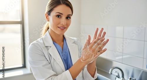 A smiling female doctor in a lab coat and scrubs thoroughly washes her hands with soap at a sink.