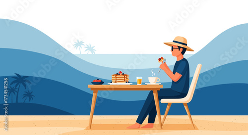 Beachside breakfast bliss: Man enjoying pancakes by the ocean with a relaxed atmosphere