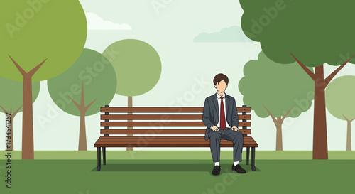 Businessman taking a break sitting on park bench to relieve stress in nature