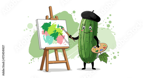 Cartoon cucumber artist painting on canvas with easel and color palette on a white background