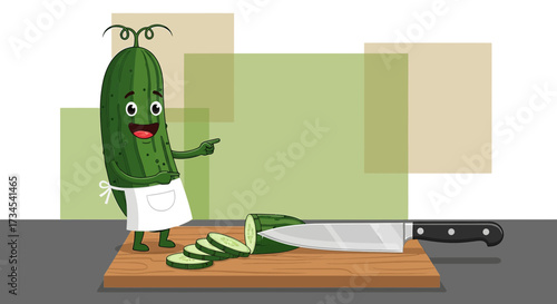 Cartoon cucumber chef pointing at fresh slices ready for a delicious and healthy meal