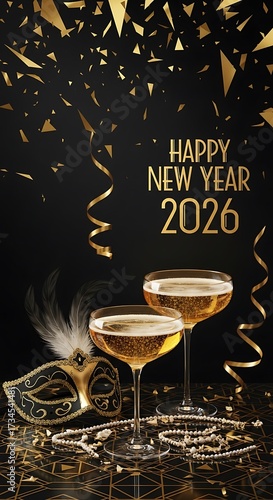 Happy New Year 2026 celebration with champagne and mask