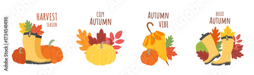 Set of autumn illustrations with colorful rubber boots, pumpkins, leaves. Cozy fall season collection in flat style, perfect for cards, posters, invitations, and seasonal decor