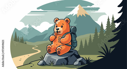 Cartoon gummy bear hiker enjoys a snack with mountain views and outdoor adventure