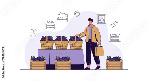 Cartoon illustration featuring a man buying grapes from a fruit stand with vibrant purple tones
