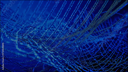 Real Ristic photo, Abstract blue background with interweaving of colored dots and lines, Wave of dots and weave lines, Abstract background, Network connection structure